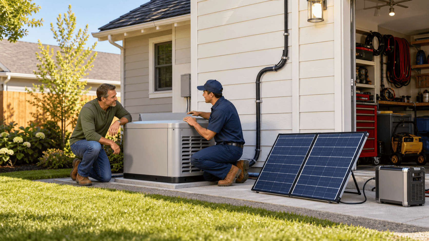Modern suburban house with rooftop solar panels and a battery unit by the garage, lit by warm sunset light.