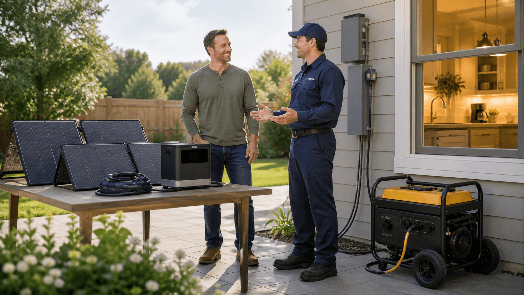 Split scene showing a solar panel kit and a portable generator beside a house, lit by warm sunset light