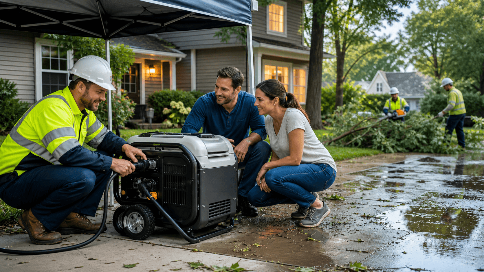 Red portable generator on a wet driveway as dark storm clouds loom, with a lit house in the background
