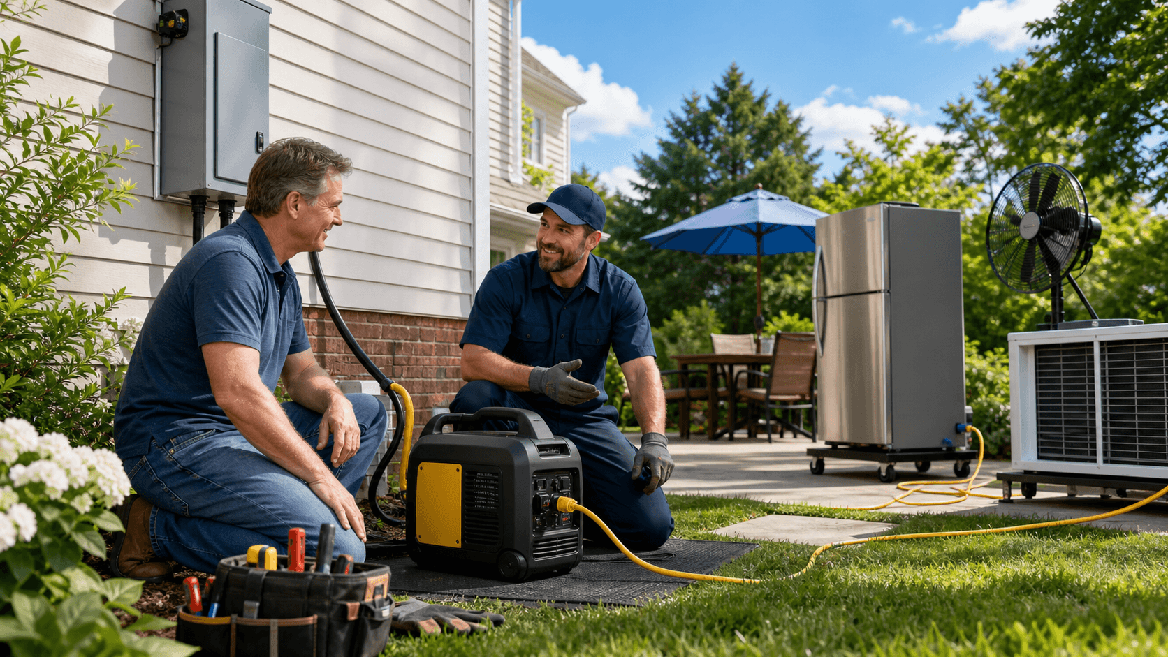 Portable generator beside a house at dusk, warm light glowing from windows against a dark blue sky