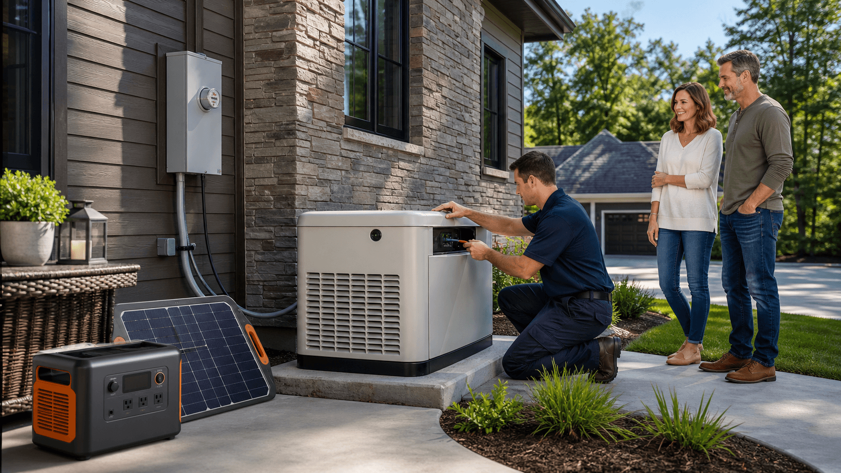 Backyard scene with a standby generator beside a house and a smaller portable power station on the patio at dusk.